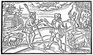 1579年に出版されたオリジナルの複製である、エドマンドペンサー（1552-99）による「シェファードカレンダー」からの2月の月 作： English School
